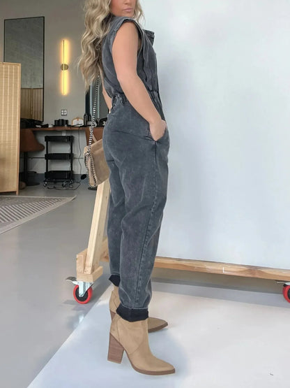 Full Size Button Front Cap Sleeve Denim Jumpsuit Plus Size