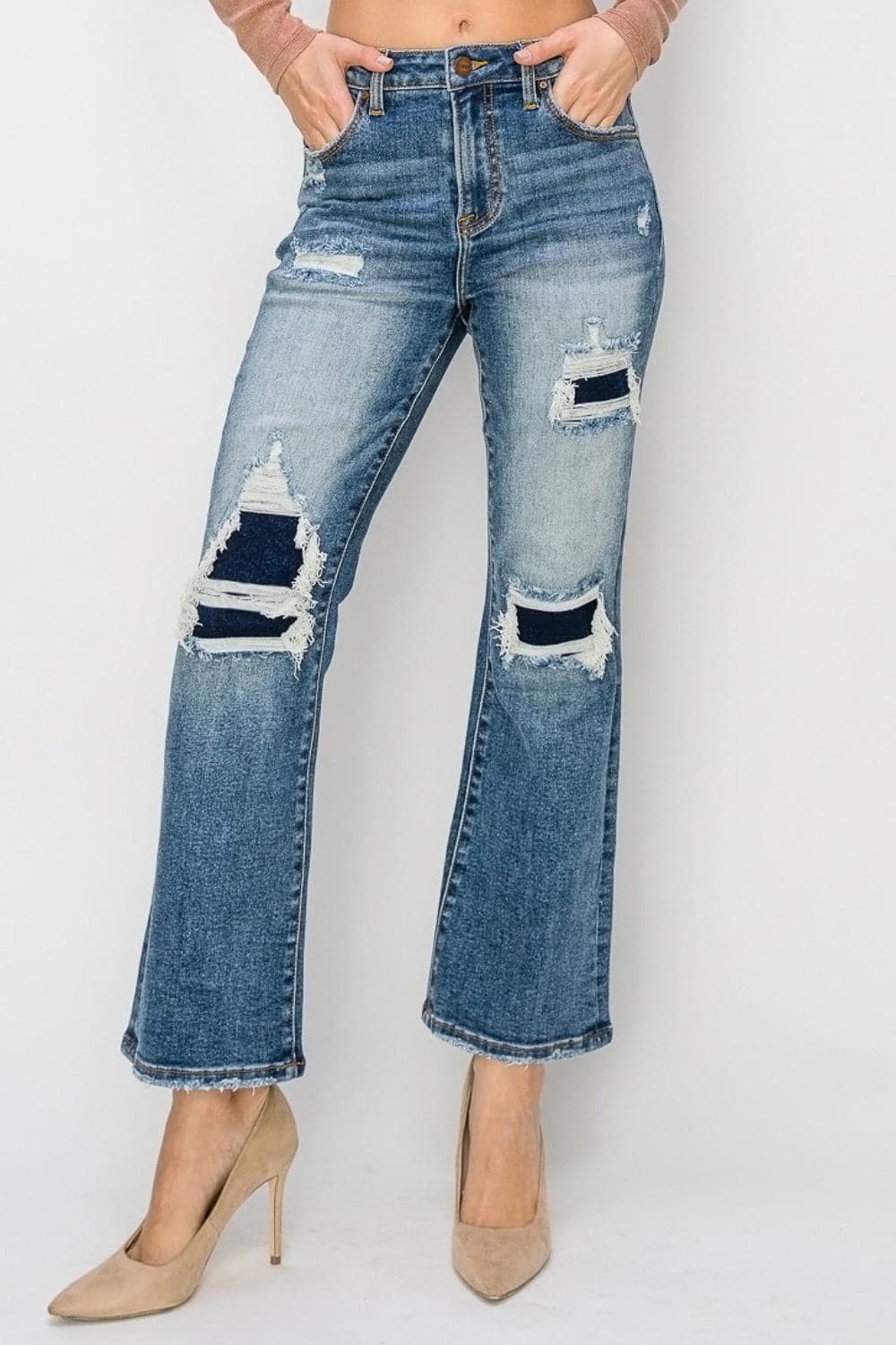 Risen Full Size High Rise Distressed Ankle Flare Jeans.