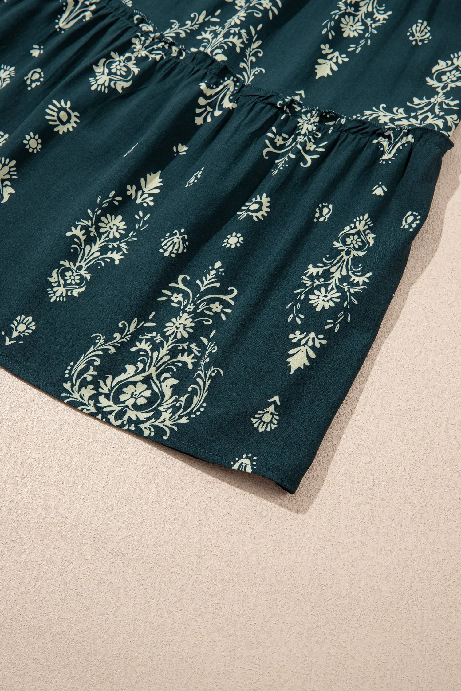 Blue Boho Floral Print Lettuce Trim Mini Dress With Three Quarter Sleeves Dear-Lover Dropshipping