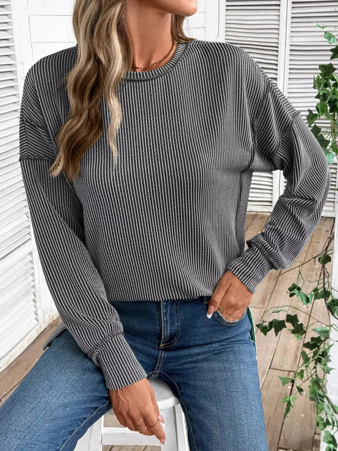 Side Slit Round Neck Sweatshirt Simply Love