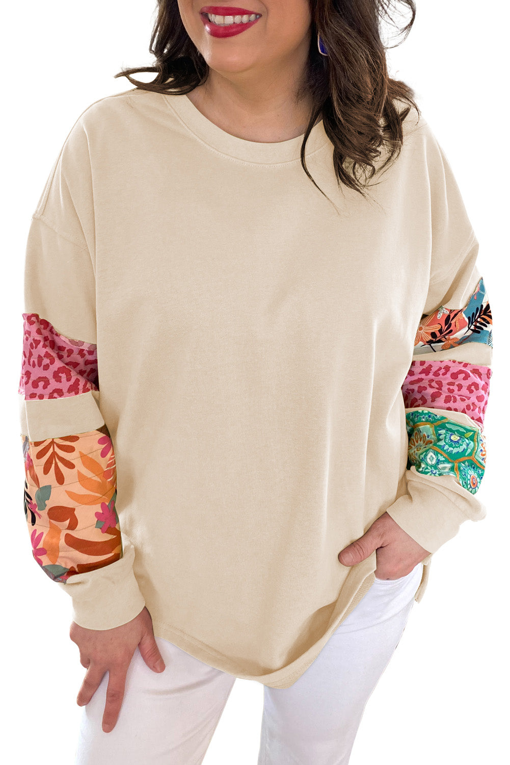 Beige plus size patchwork sleeve sweatshirt with side slits