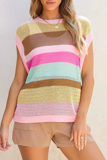 Color Block Round Neck Cap Sleeve Knit Top.