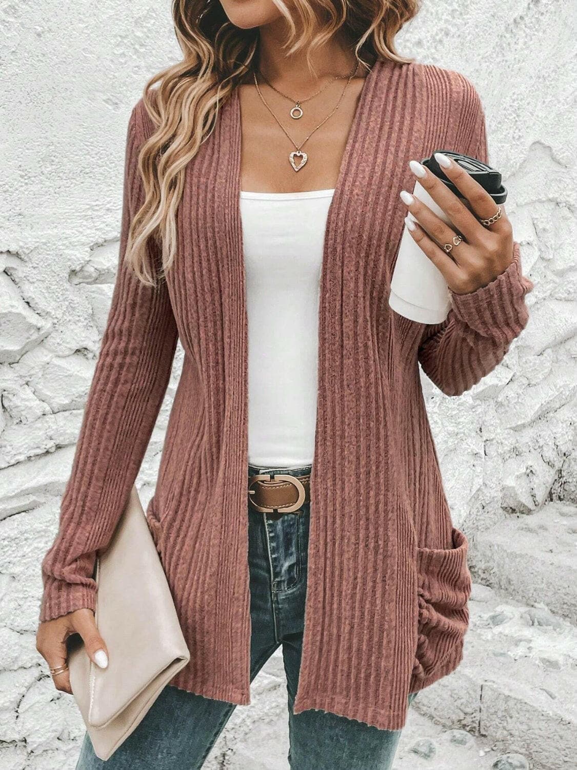 Ribbed Open Front Cardigan with Pockets.