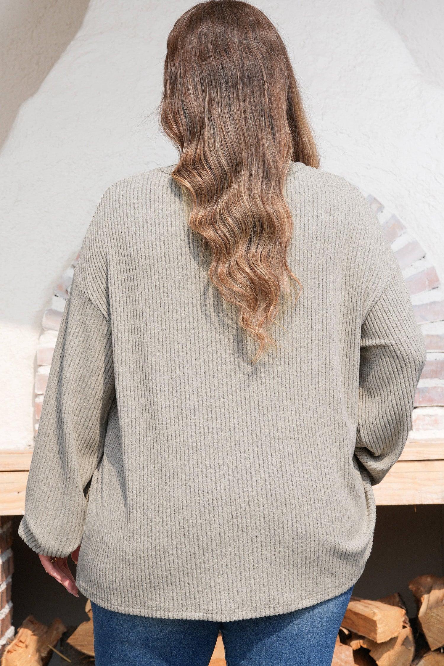 Simply Taupe Plus Size Ribbed Knit Kangaroo Pocket Henley Long Sleeve Top Dear-Lover Dropshipping