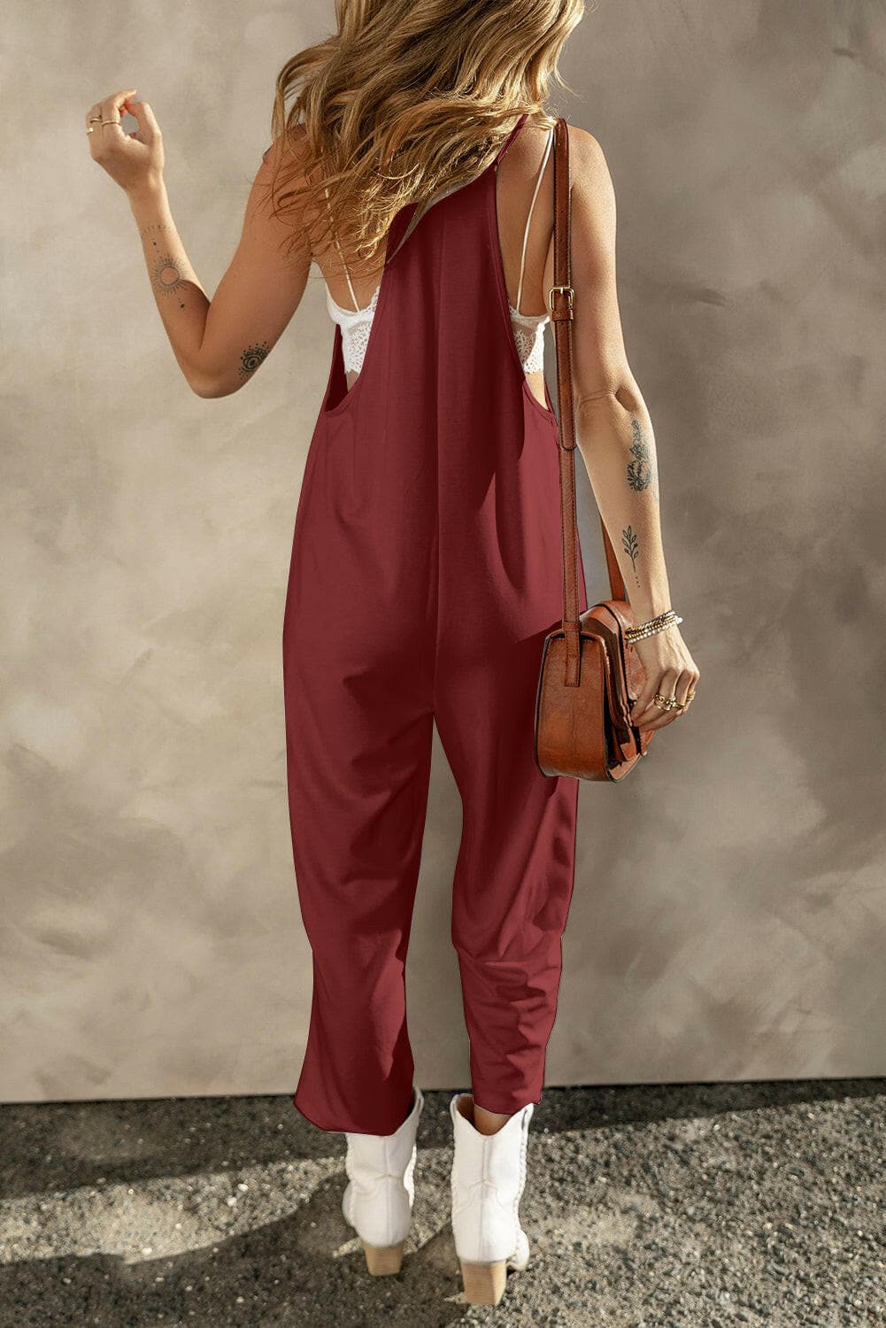 Pocketed Spaghetti Strap Wide Leg Jumpsuit.