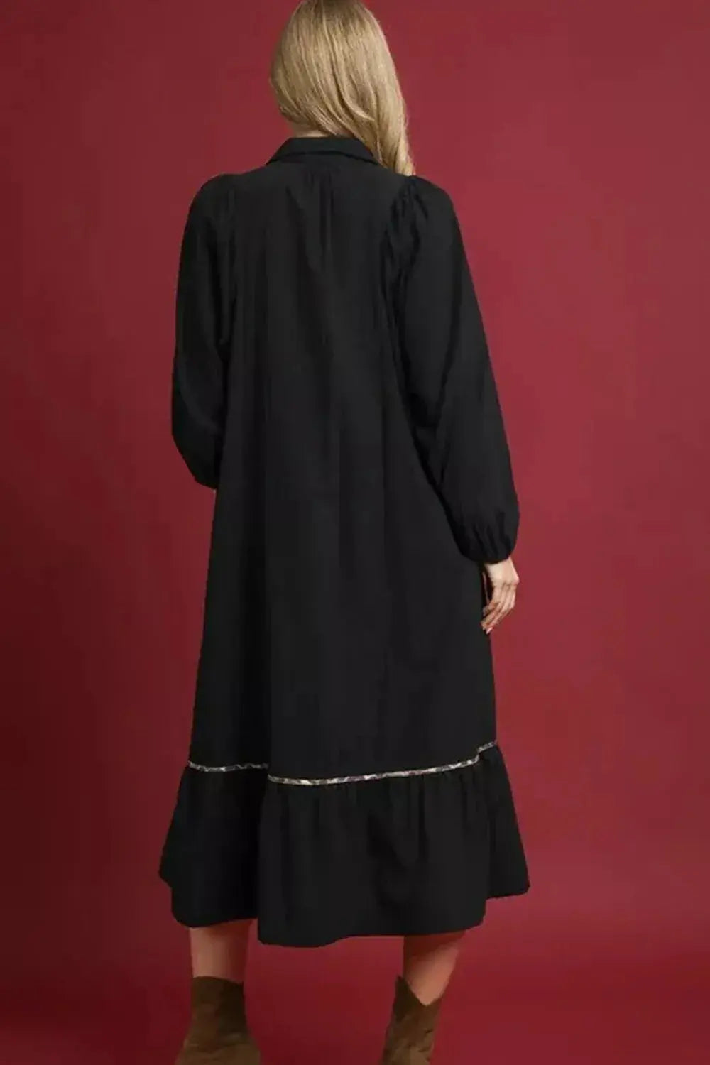 Collared V Neck Smocked Detail Contrast Leopard Trim Dress Simply Love