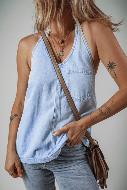 Beau Blue Knotted Open Back Halterneck Denim Tank Top