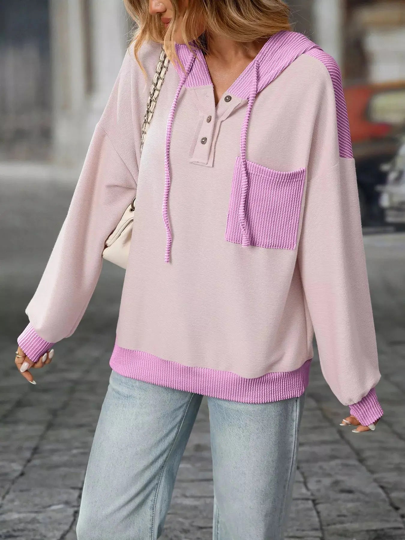 Casual Color Block Button Detail Hoodie Simply Love