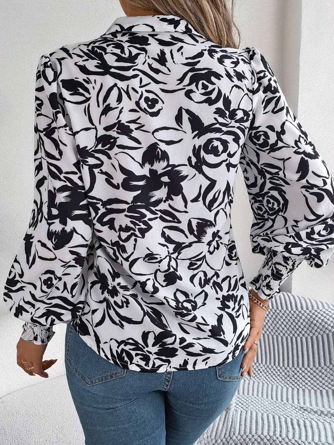 Printed Collared Neck Lantern Sleeve Shirt.