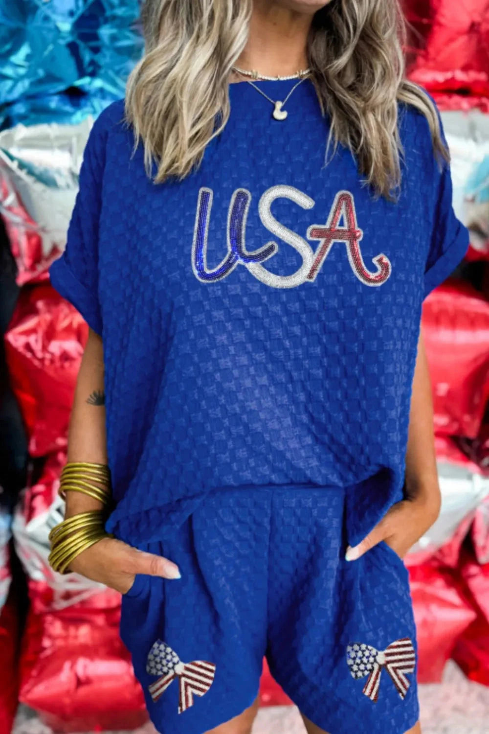 Textured Sequined USA Top and Bowknot Shorts Set Simply Love