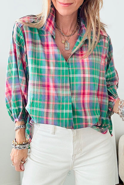 Casual green plaid 3/4 sleeve button-up shirt