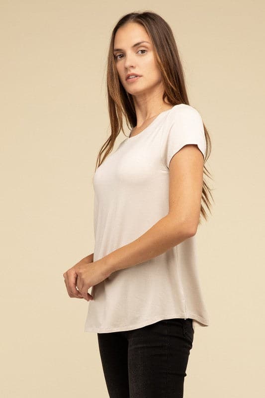 Flowy Round Hem Rayon Short Sleeve Top.