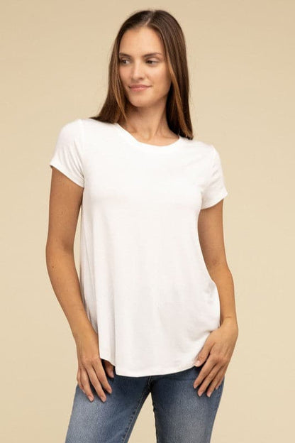 Flowy Round Hem Rayon Short Sleeve Top.