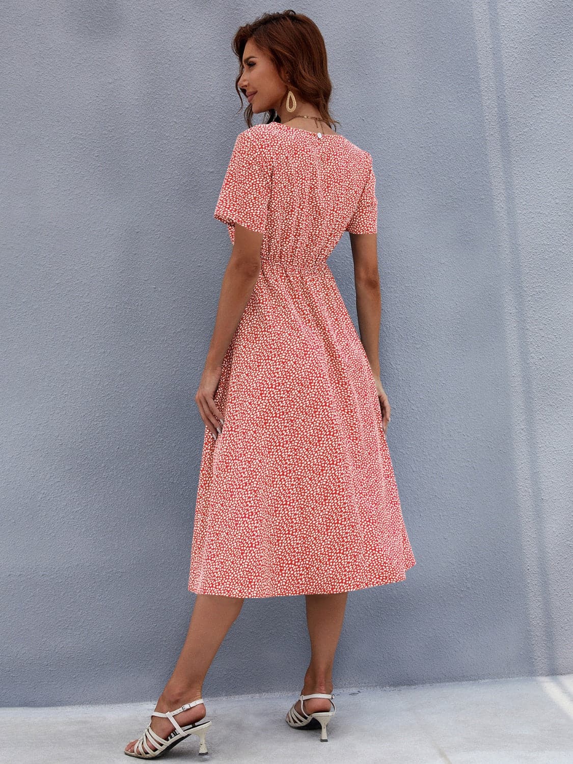 Printed Round Neck Short Sleeve Midi Dress.