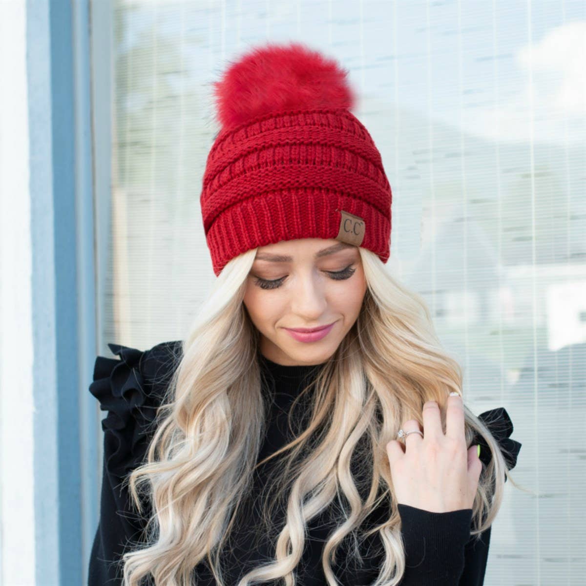 C.C Cable Knit Beanie with Matching Faux Fur Pom - Burgundy Coco’s Tee Boutique