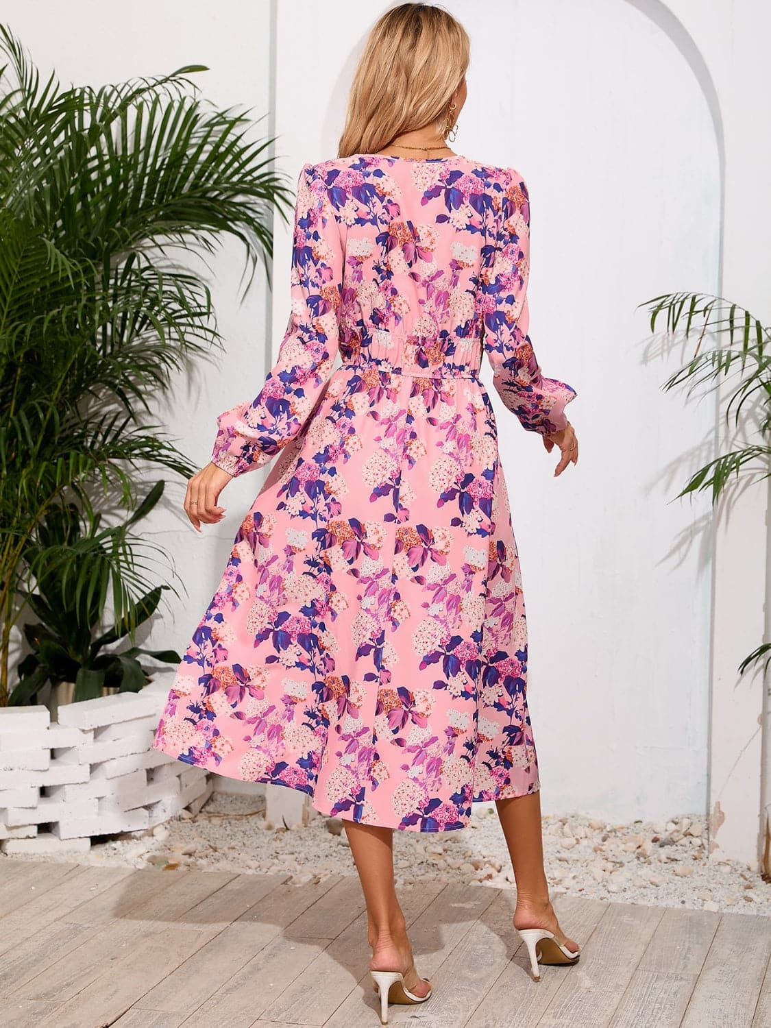 Printed Surplice Long Sleeve Midi Dress.