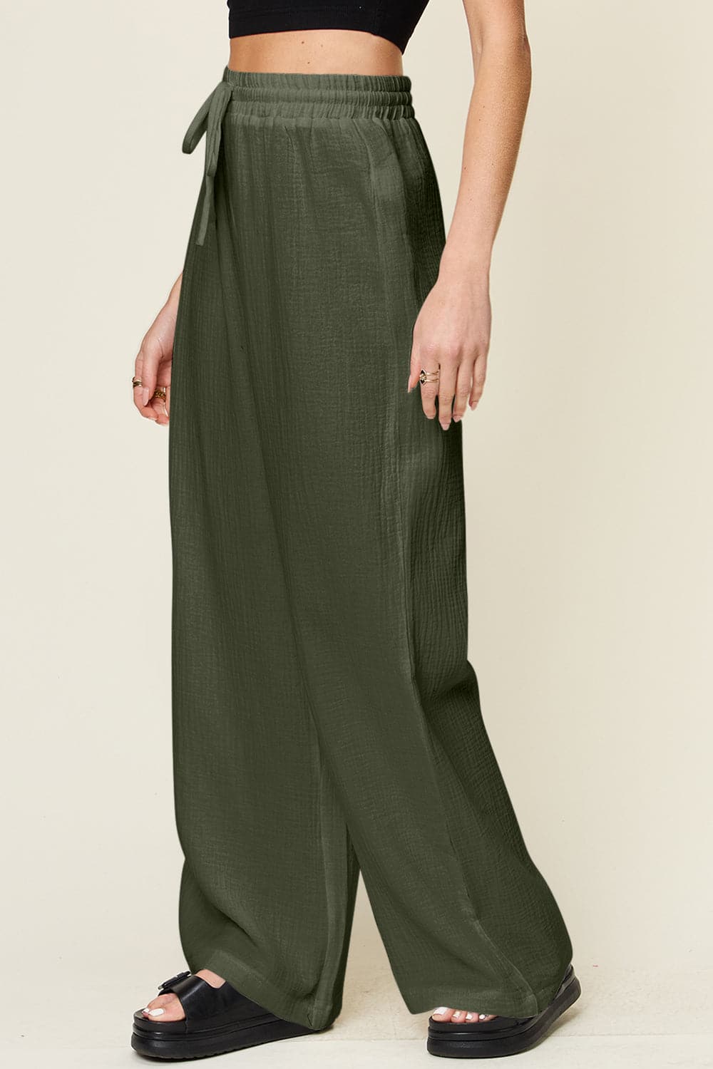 Double Take Full Size Texture Drawstring Wide Leg Pants.