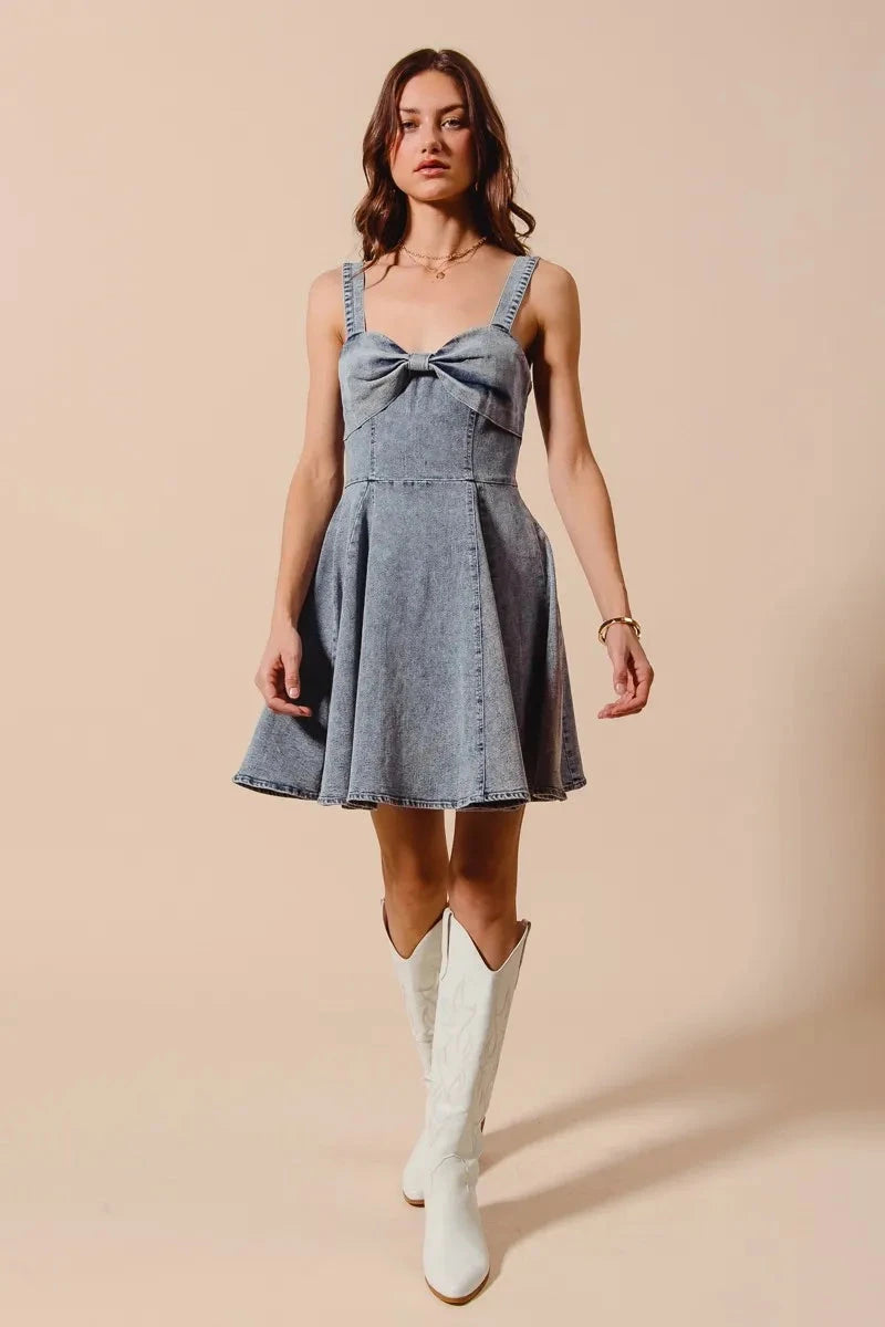 SO ME Mineral Washed Bow Ribbon Denim Flare Dress Coco’s Tee Boutique