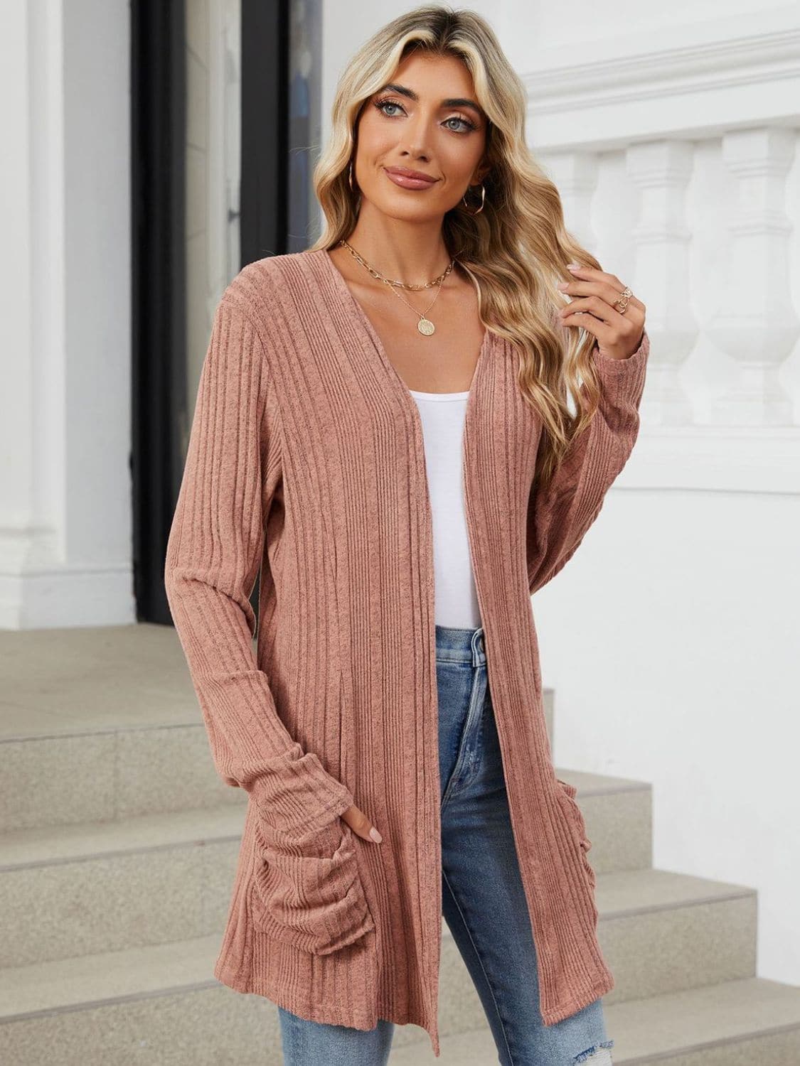 Pocketed Open Front Long Sleeve Cardigan.