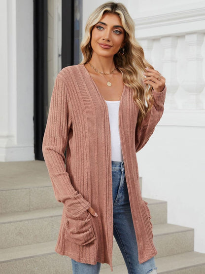 Pocketed Open Front Long Sleeve Cardigan.