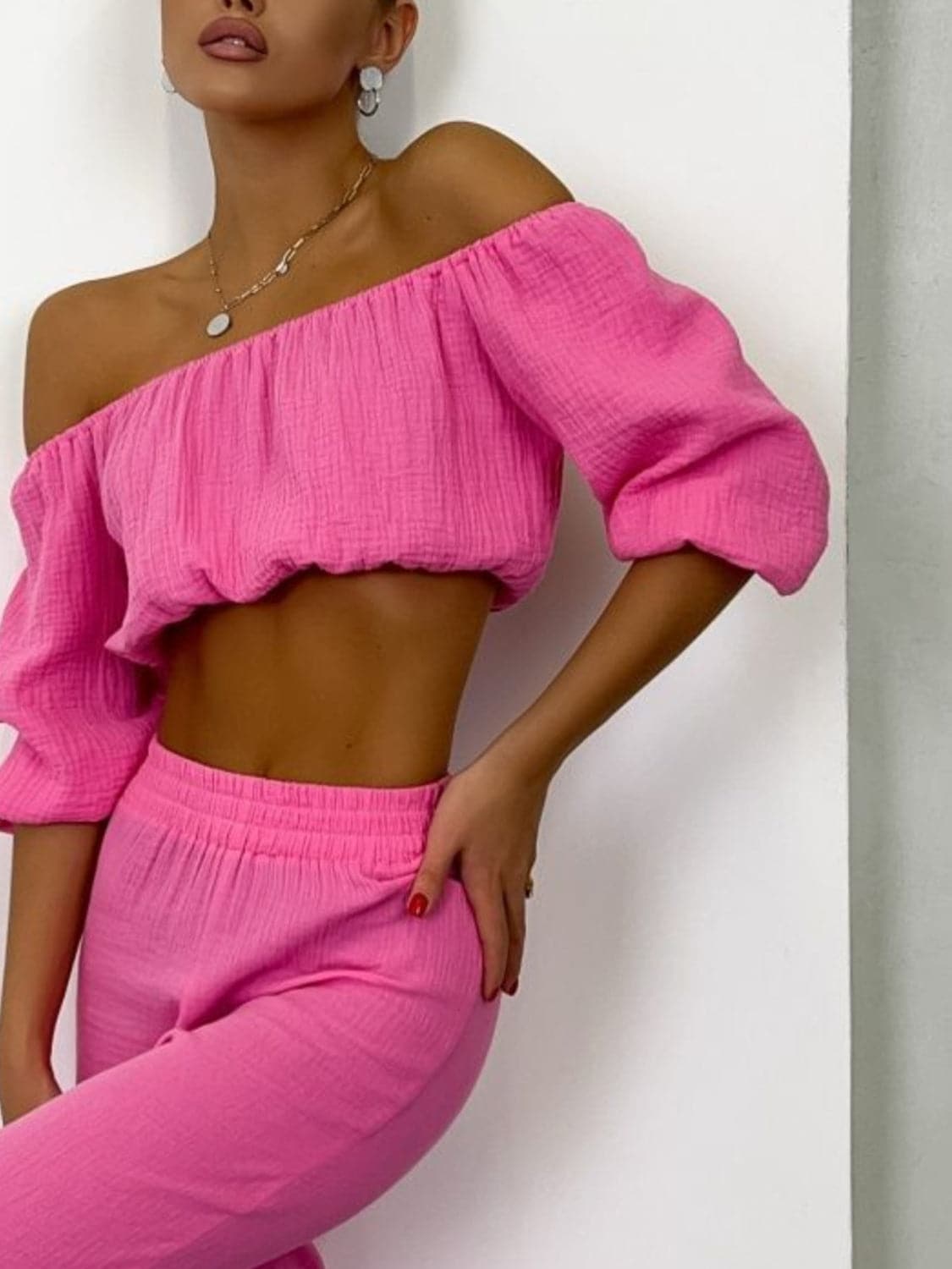 Off Shoulder Long Sleeve Top and Pants Set.