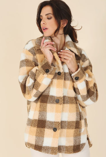 Cozy plaid sherpa jacket with functional pockets