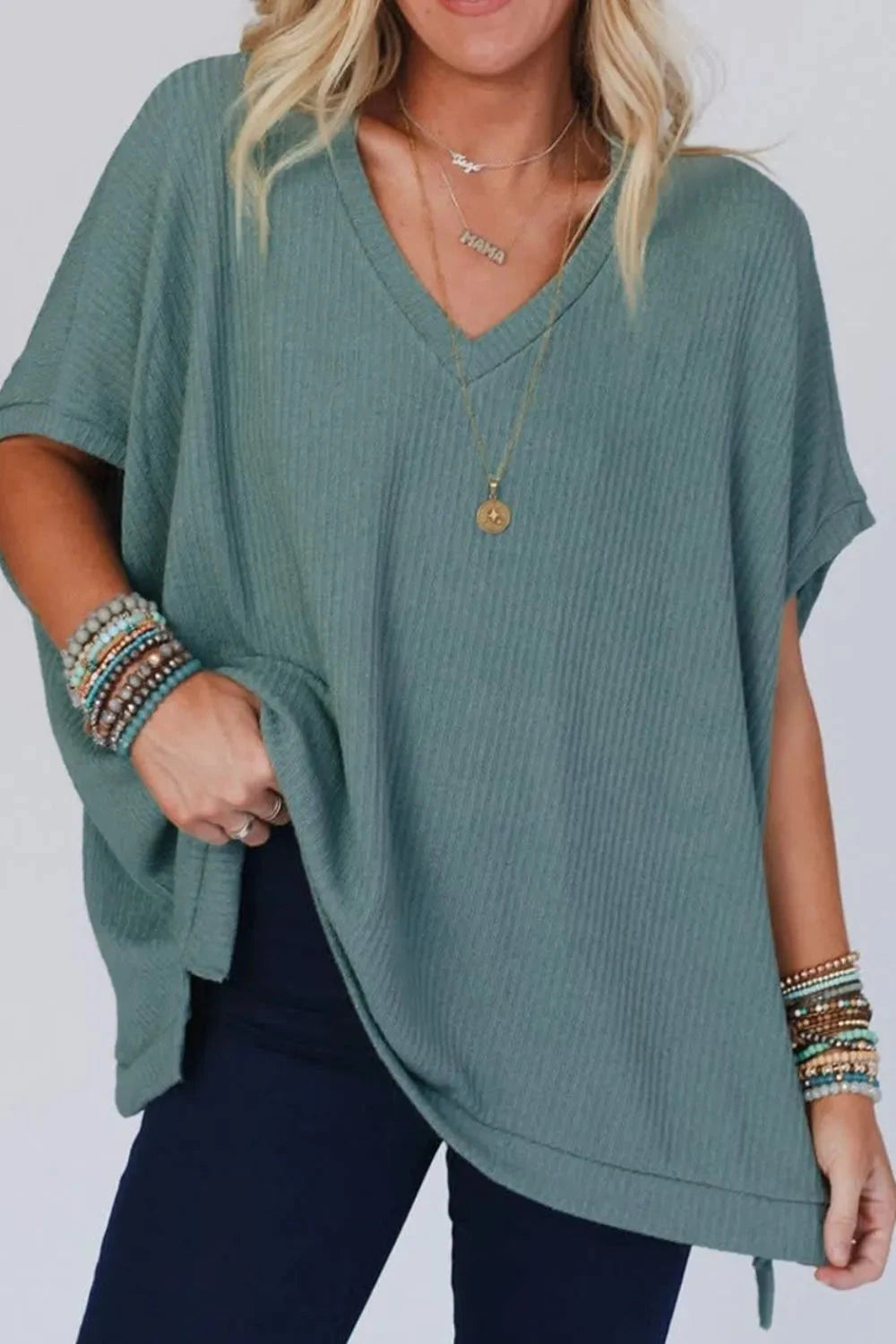 Oversized Ribbed Knit V Neck Dolman Short Sleeve Top Simply Love