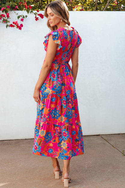 Flirty rose red floral tiered dress with ruffled sleeves