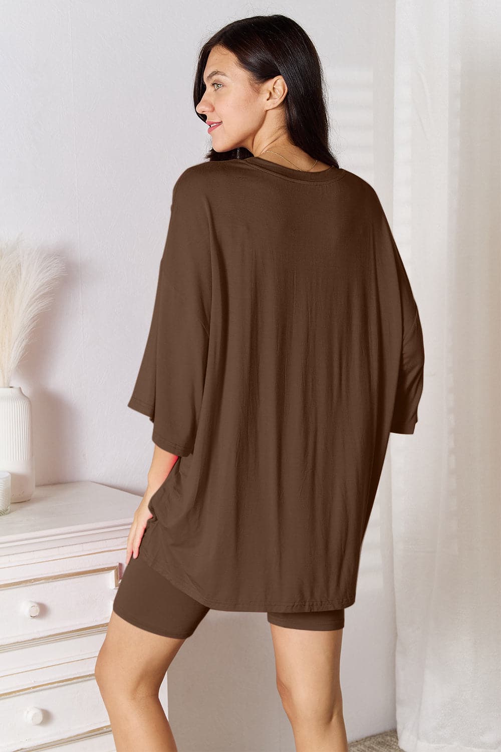 Basic Bae Full Size Soft Rayon Three-Quarter Sleeve Top and Shorts Set.