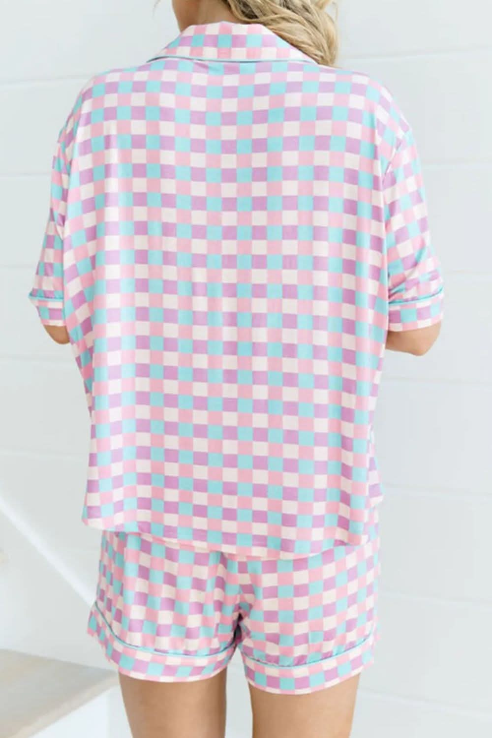 Checked Collar Neck Short Sleeve Top and Shorts Lounge Set