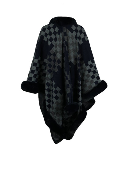 Checkered Faux Fur Trim Poncho.