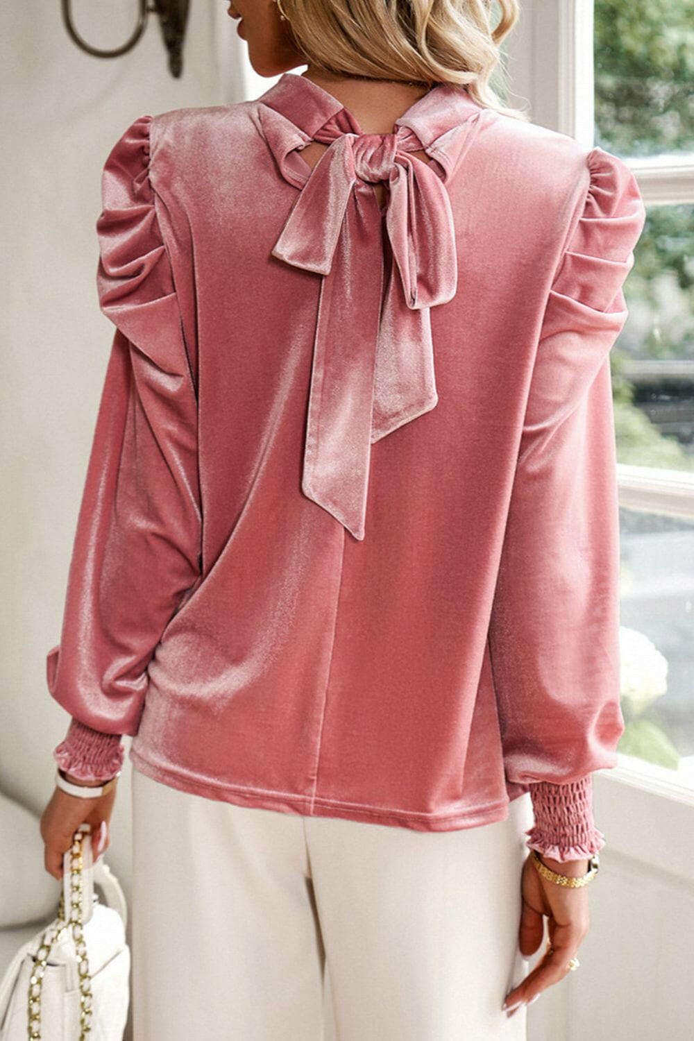 Tie Up Mock Neck Velvet Fabric Long Sleeve BlouseTie Up Mock Neck Velvet Fabric Long Sleeve Blouse
 Upgrade your wardrobe with our Tie Up Mock Neck Velvet Fabric Long Sleeve Blouse, the epitome of elegance and sophLove Salve Mock Neck Velvet Fabric Long Sleeve BlouseBlouses