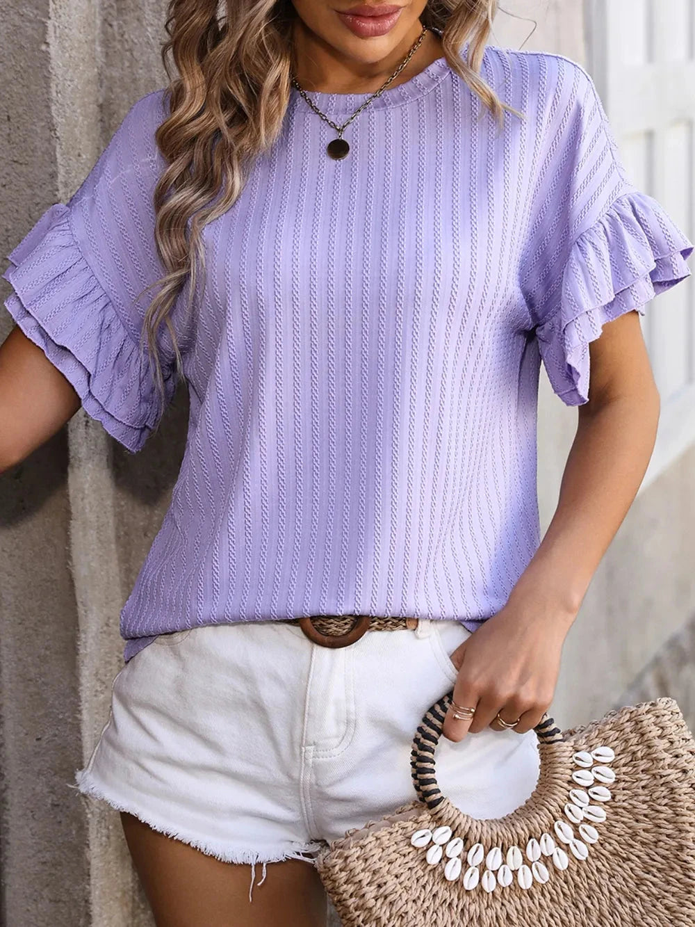 Mandy Ruffled Round Neck Short Sleeve Blouse Coco’s Tee Boutique