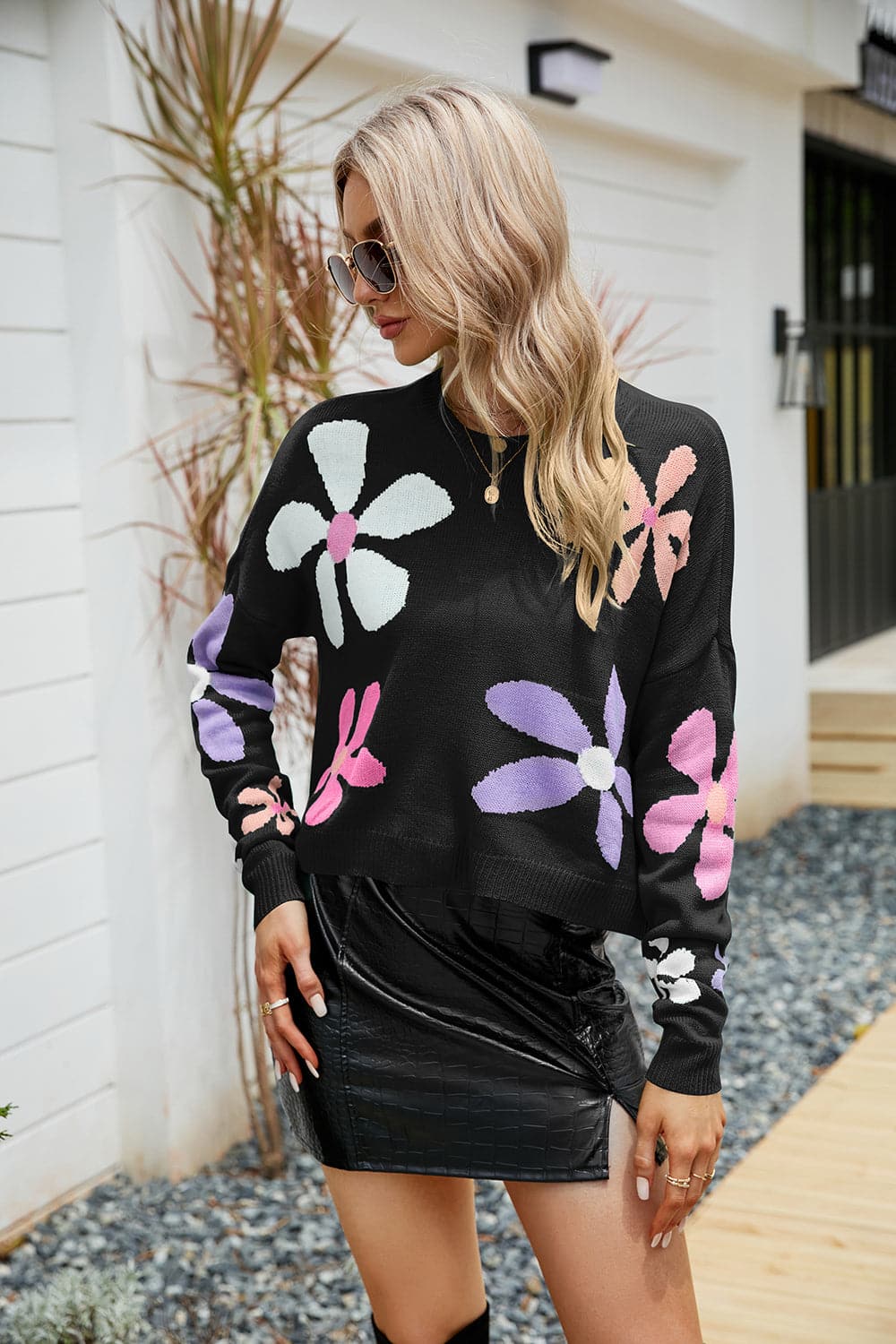 Flower Round Neck Drop Shoulder Sweater.