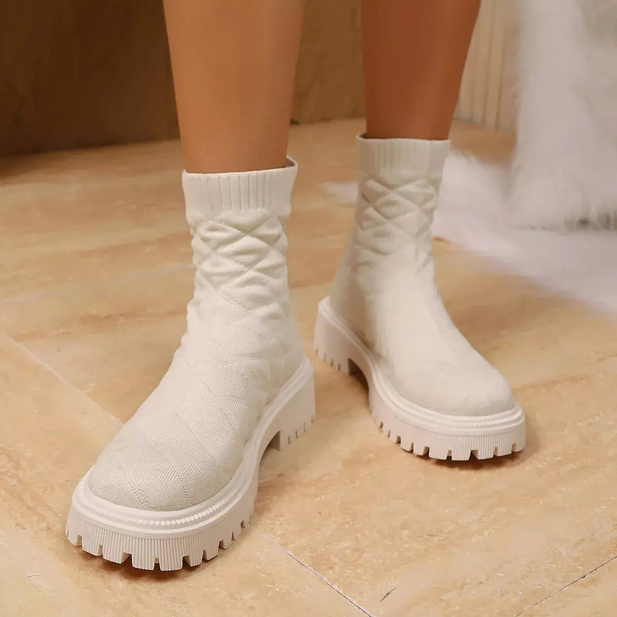 Black Knit Sock Boots With Round Toe And Low Heel Thick Lug Sole Simply Love