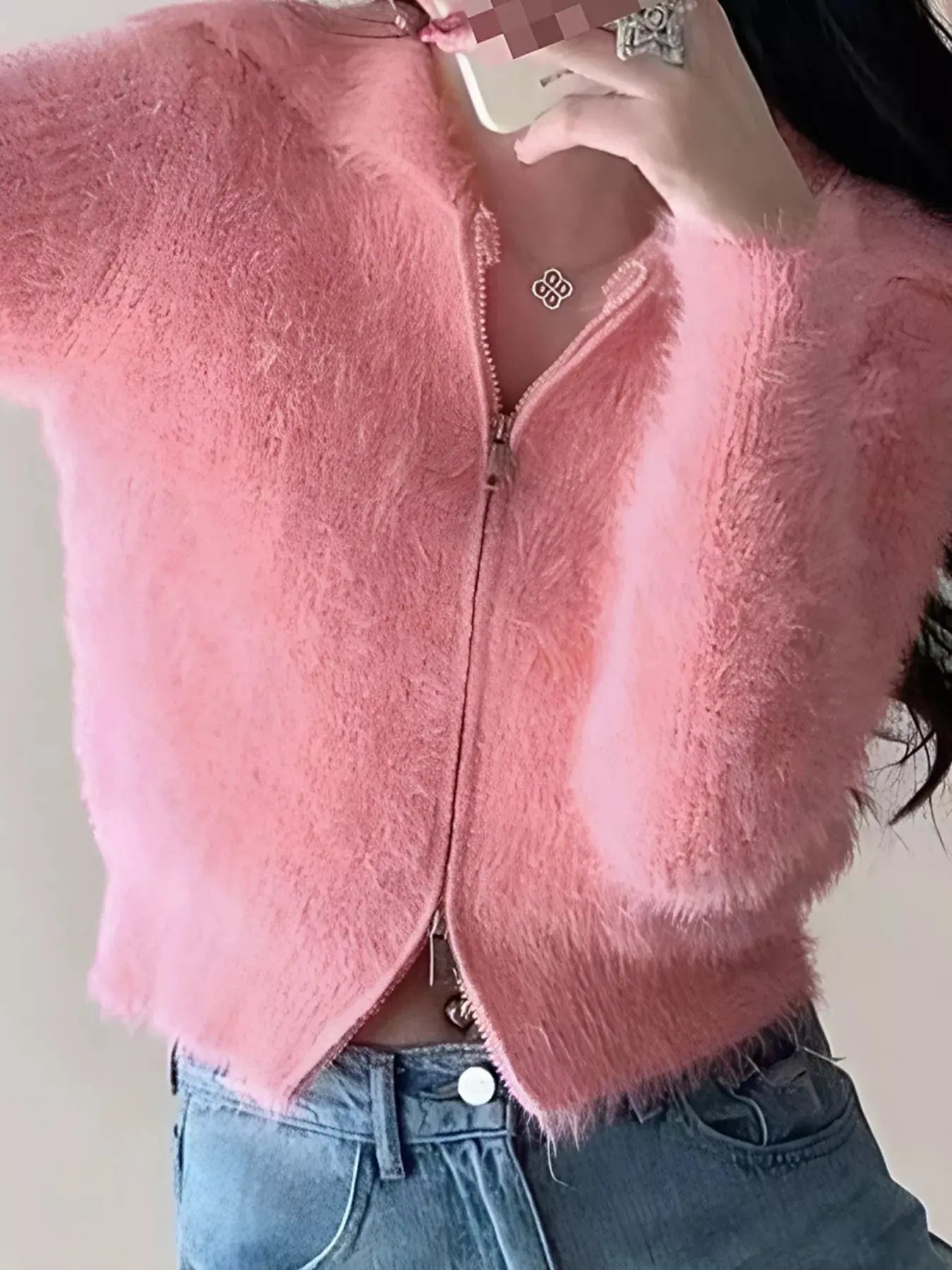 Fluffy Knit Zip-Up Outerwear Simply Love