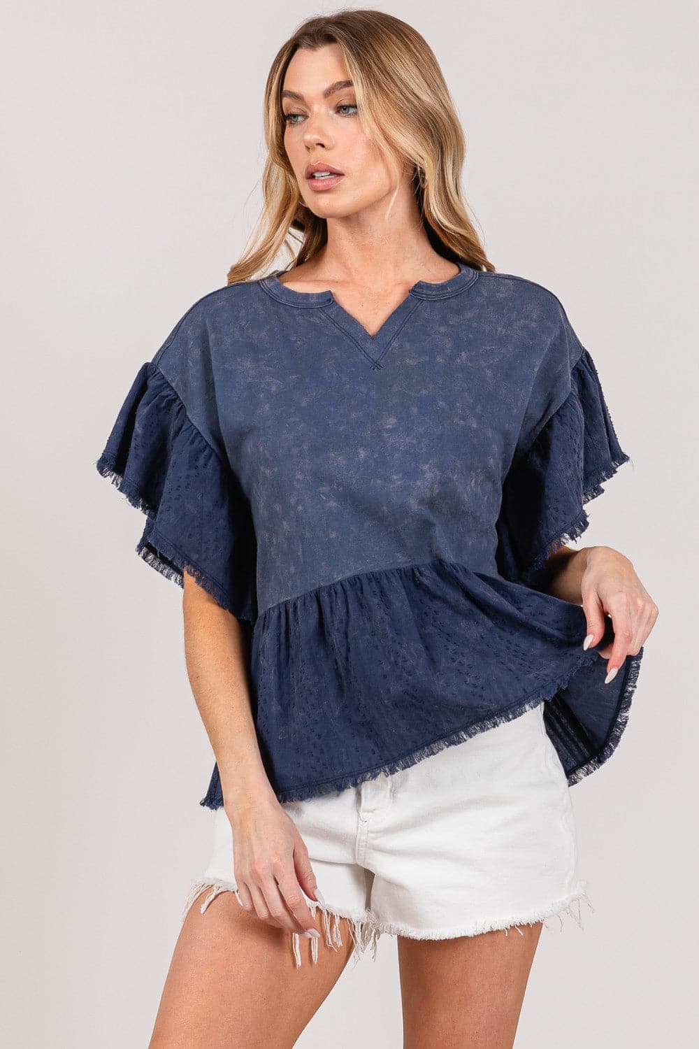 SAGE + FIG Ruffle Sleeve Washed Short Sleeve Blouse.