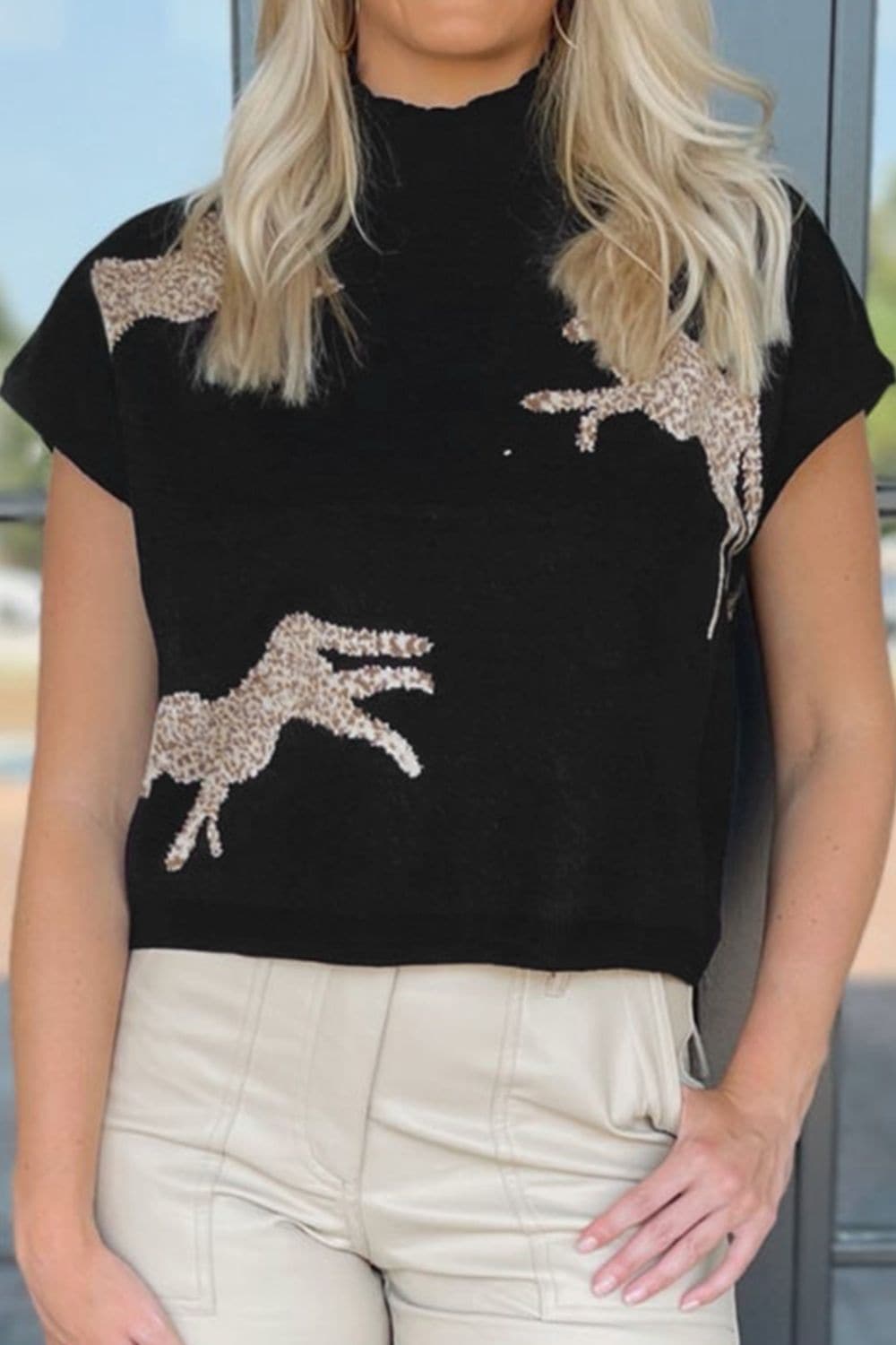 Animal Graphic Mock Neck Cap Sleeve Sweater.