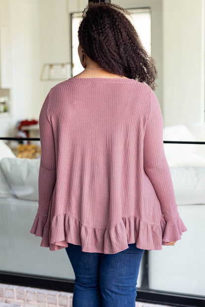 Chic pink plus size ruffled babydoll top in waffle knit