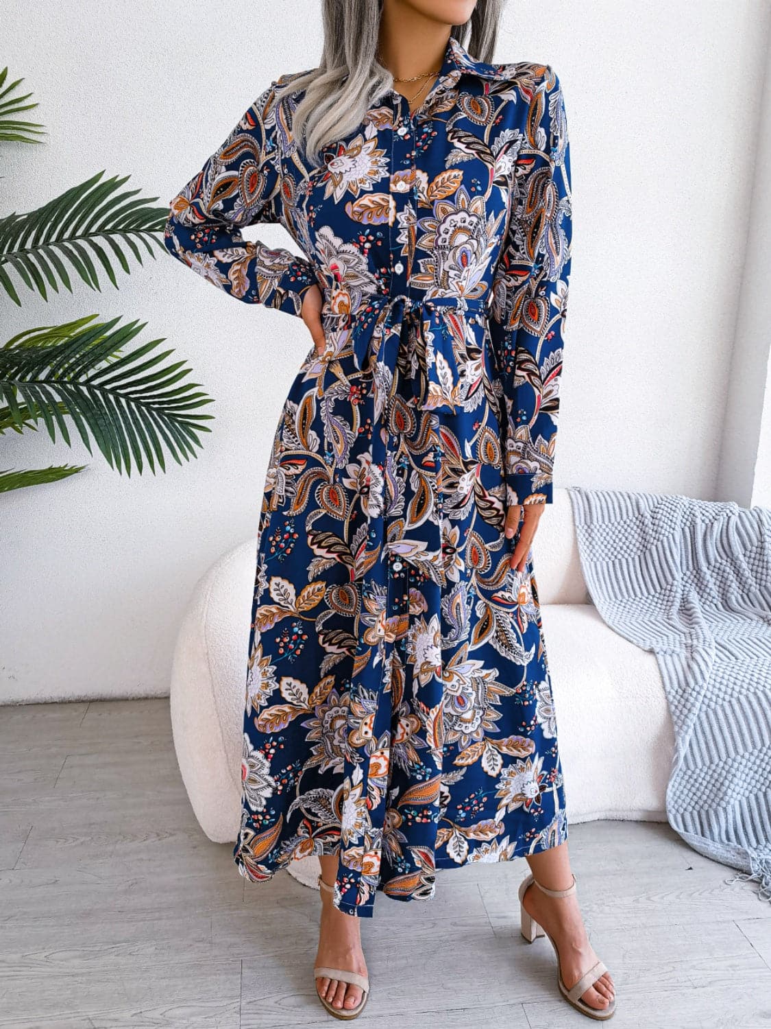 Tied Printed Long Sleeve Midi Dress.