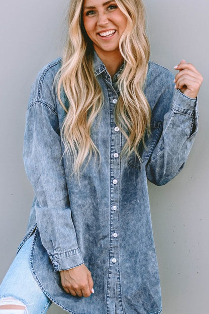 Button Up Dropped Shoulder Denim Top.