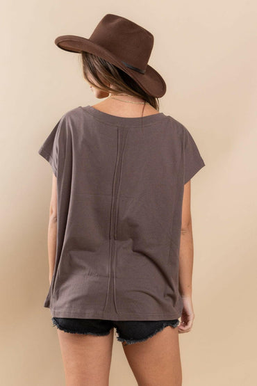 Ces Femme Fringe Detail Round Neck Short Sleeve Top.