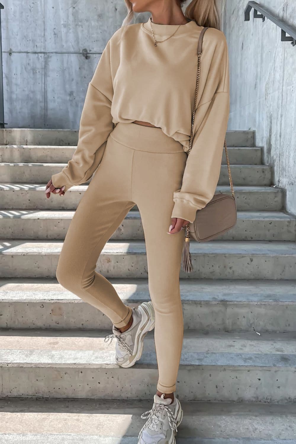 Round Neck Dropped Shoulder Sweatshirt and Pants Set.