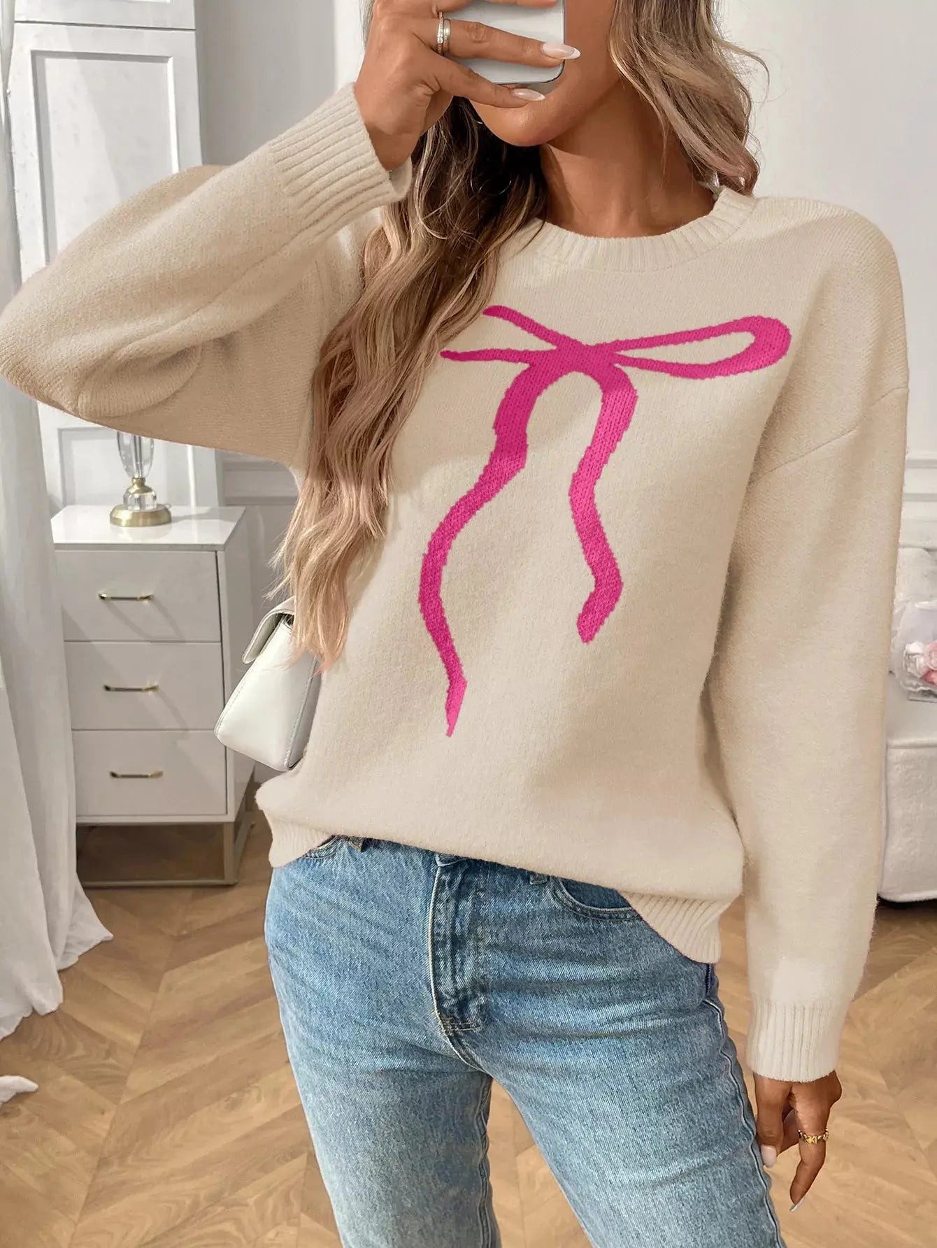 Bow Round Neck Long Sleeve Sweater Simply Love