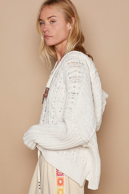 Cozy cable knit hooded sweater with rib weave sleeves