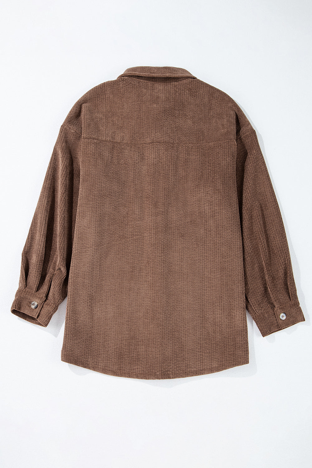 Cozy chestnut corduroy button-up shacket with flap pockets