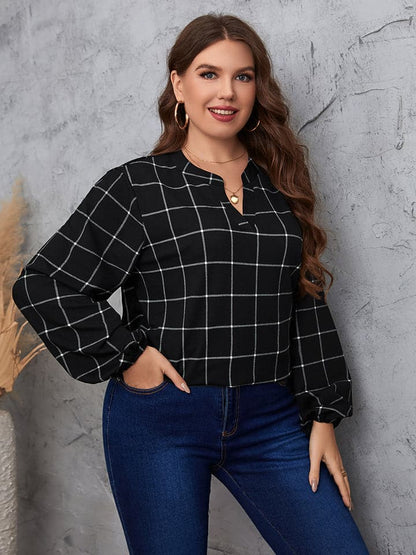 Plus Size Notched Neck Long Sleeve Blouse.