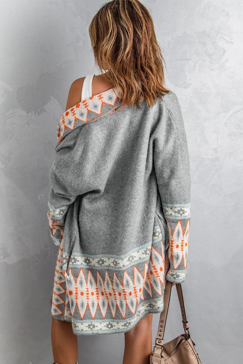 Geometric Open Front Long Sleeve Cardigan.