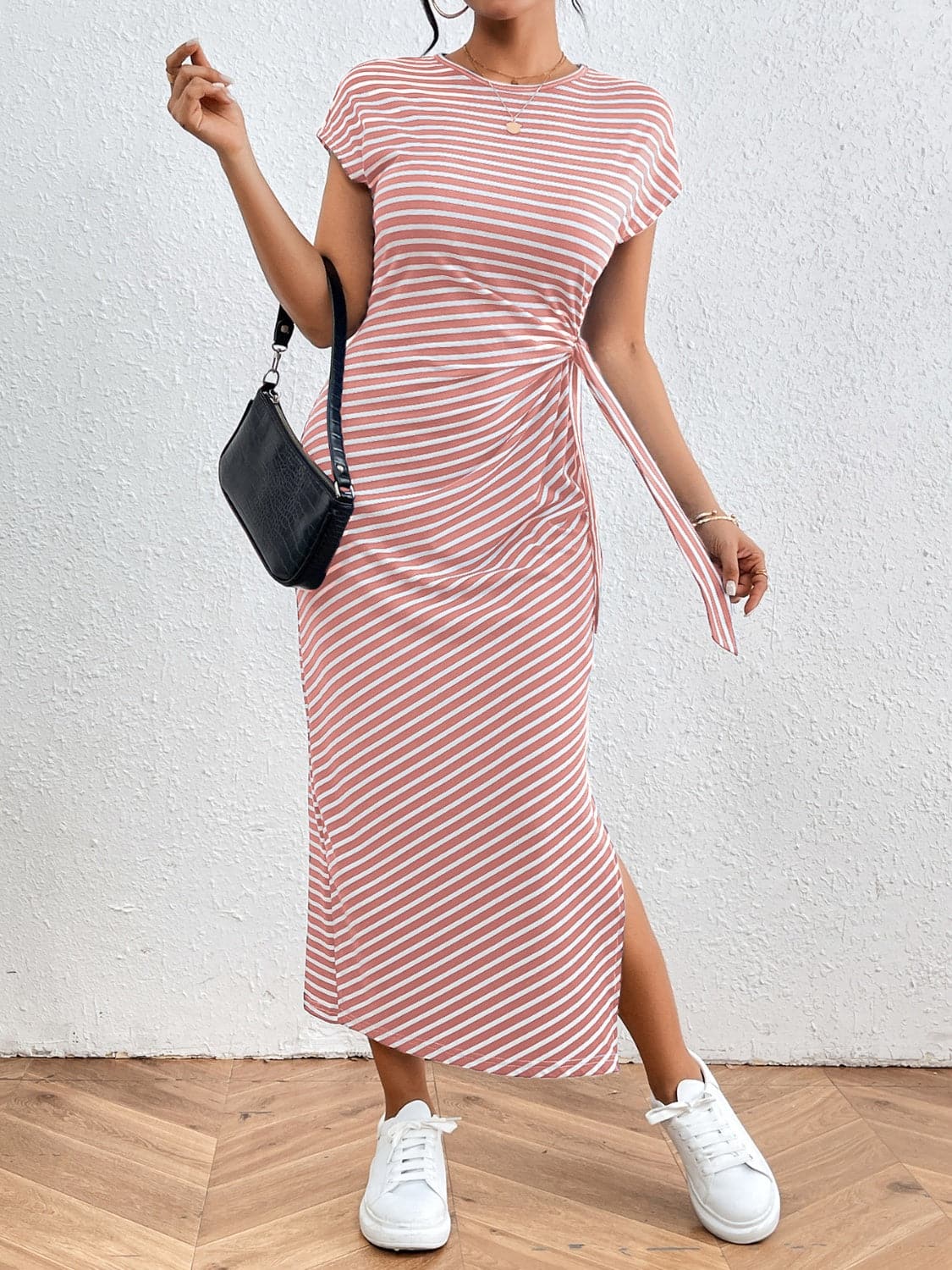 Tied Striped Round Neck Short Sleeve Tee Dress.