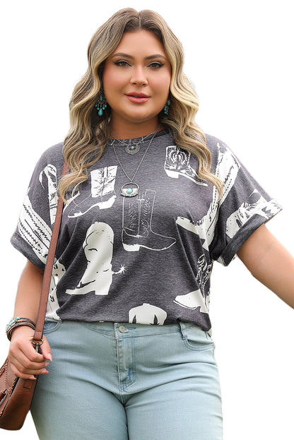 Gray Western Print Plus Size Crew Neck T-Shirt with Short Sleeves